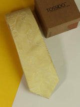 Yellow paisley necktie in woven microfiber, flat lay