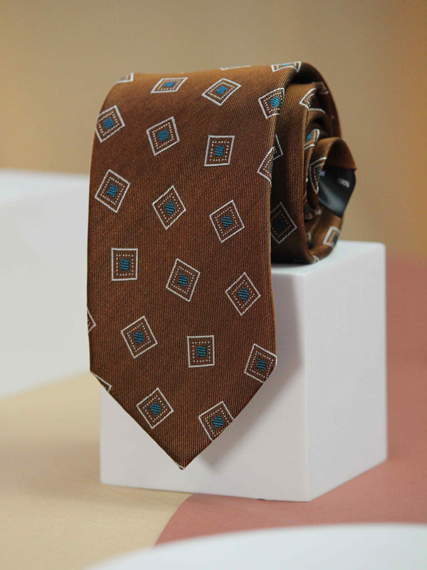 Brown Geometric Handmade Silk Necktie