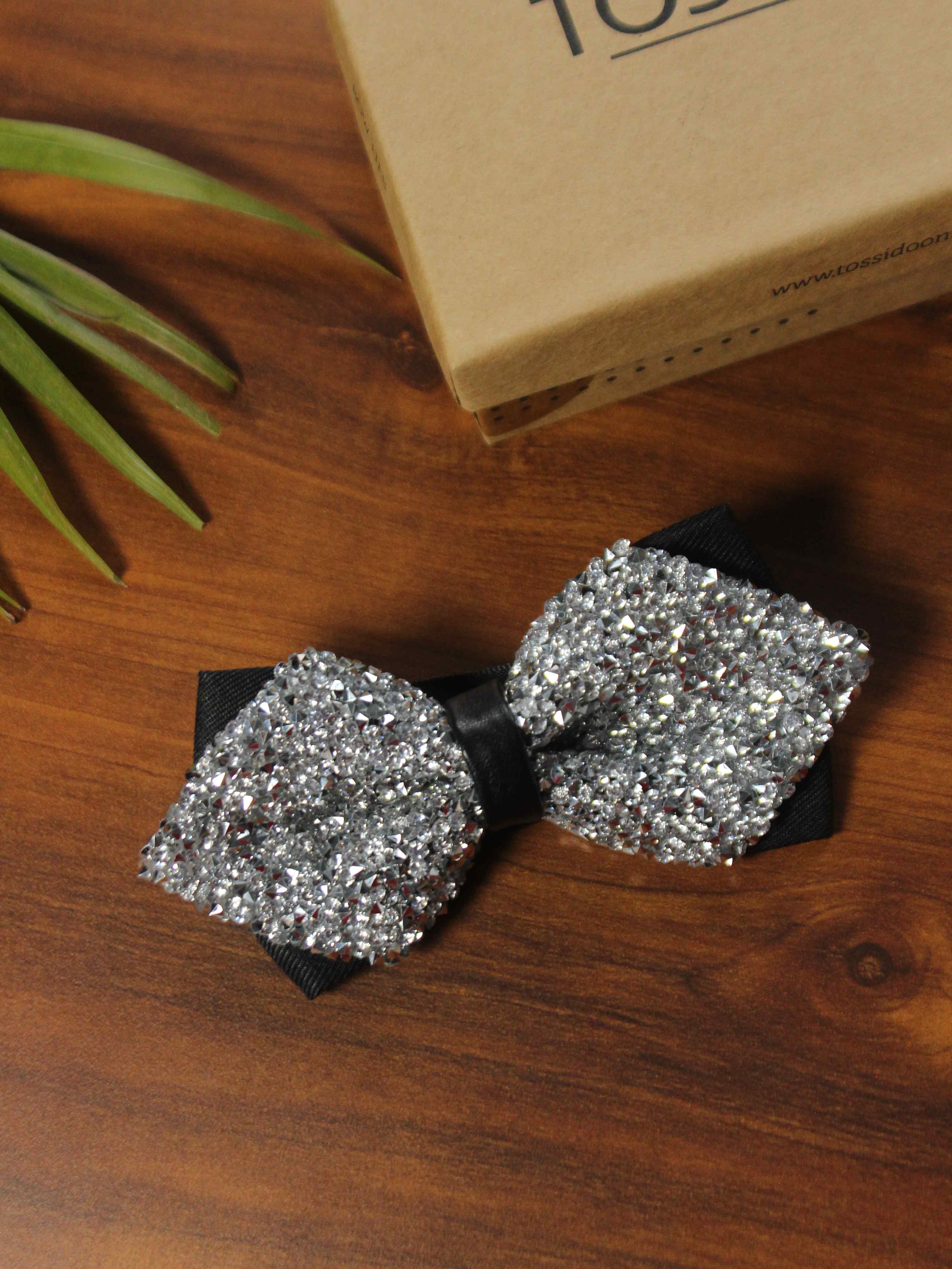 Silver Embellished Rhinestone Bow Tie