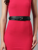 Black Women's Vegan Leather Belt and Gold Buckle - TOSSIDO