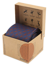 Blue geometric necktie in printed microfiber, flat lay