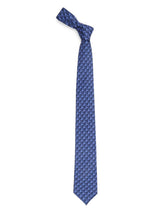 Blue geometric necktie in printed microfiber, tied view