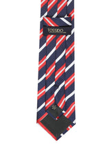 Blue stripe necktie in woven microfiber, flat lay