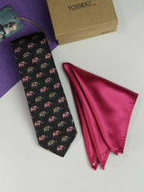 Printed Black Elephant Tie & Hanky Set - TOSSIDO