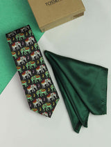 Printed Black Elephant Tie & Hanky Set - TOSSIDO