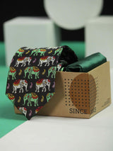 Printed Black Elephant Tie & Hanky Set - TOSSIDO