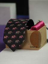 Printed Black Elephant Tie & Hanky Set - TOSSIDO