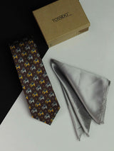Printed Brown Elephant Tie & Hanky Set - TOSSIDO