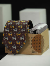 Printed Brown Elephant Tie & Hanky Set - TOSSIDO