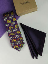 Printed Purple Elephant Tie & Hanky Set - TOSSIDO