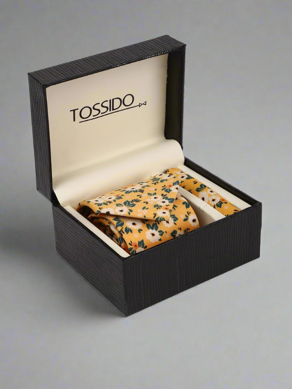 Yellow Floral Necktie & pocket square giftset - TOSSIDO