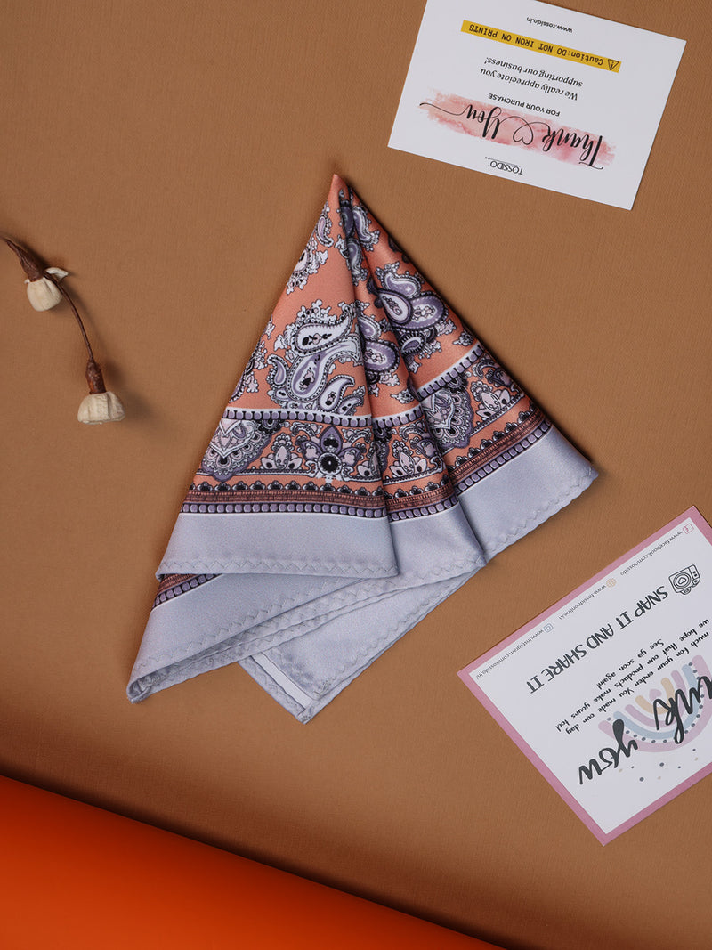 Grey & Peach Paisley Pocket Square