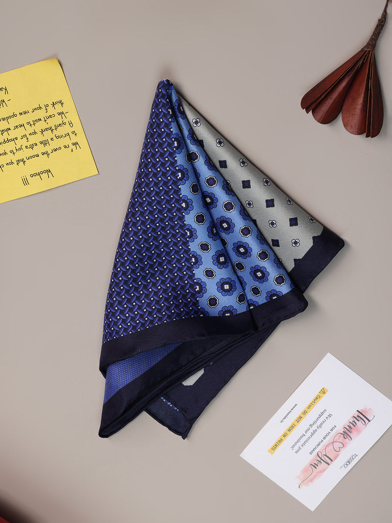 Blue & Beige Multipattern Silk Pocket Square