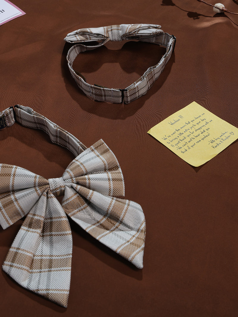 Beige & Brown Check Bowtie Set for Men and Dogs