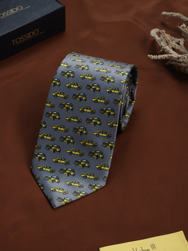 Grey Cars Printed Necktie