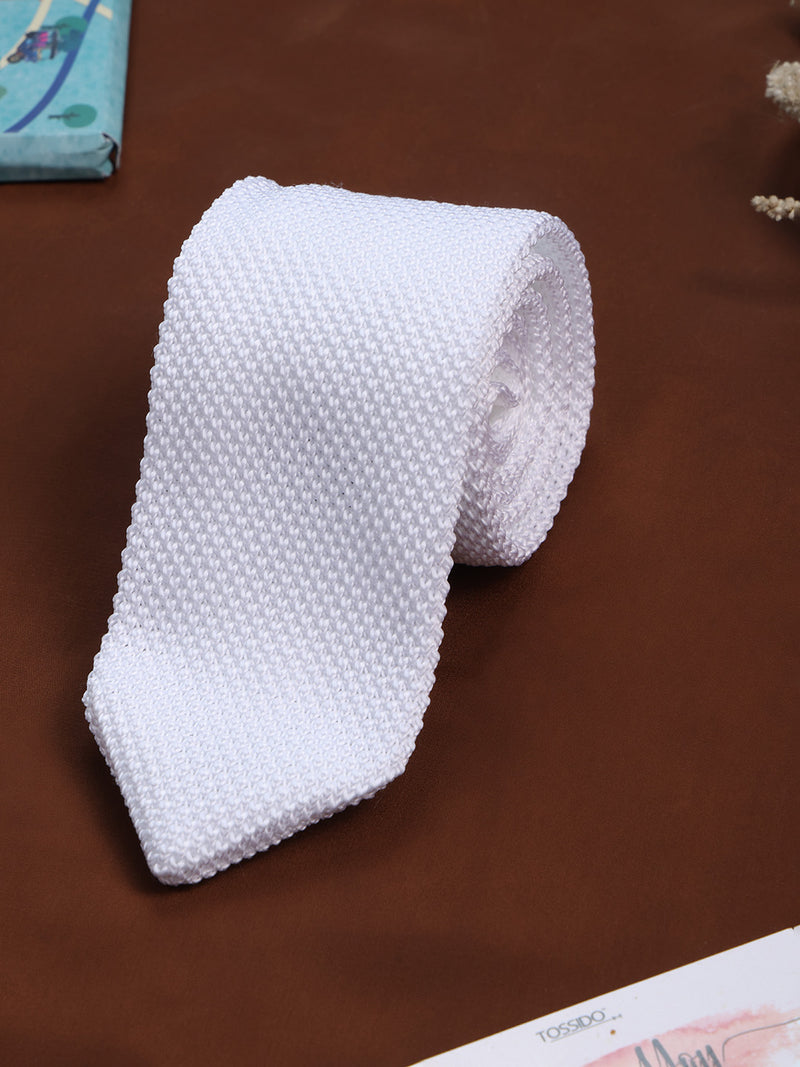 White Solid Knitted Necktie