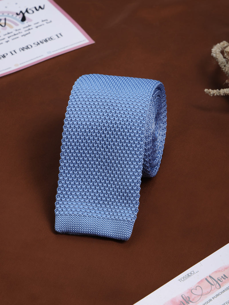 Blue Solid Knitted Necktie