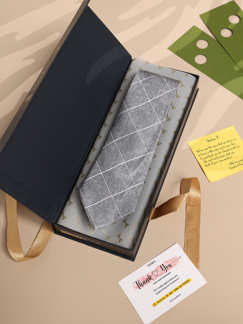 Grey Check Woven Silk Necktie