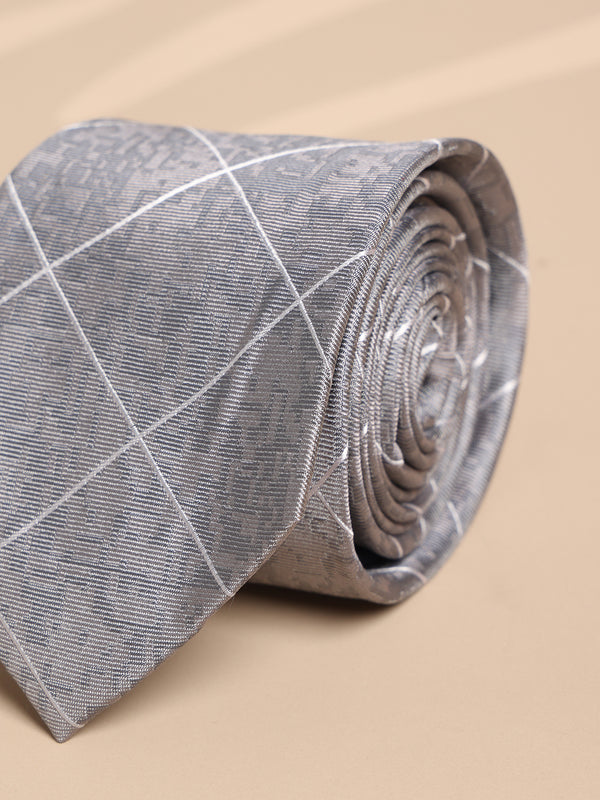 Grey Check Woven Silk Necktie