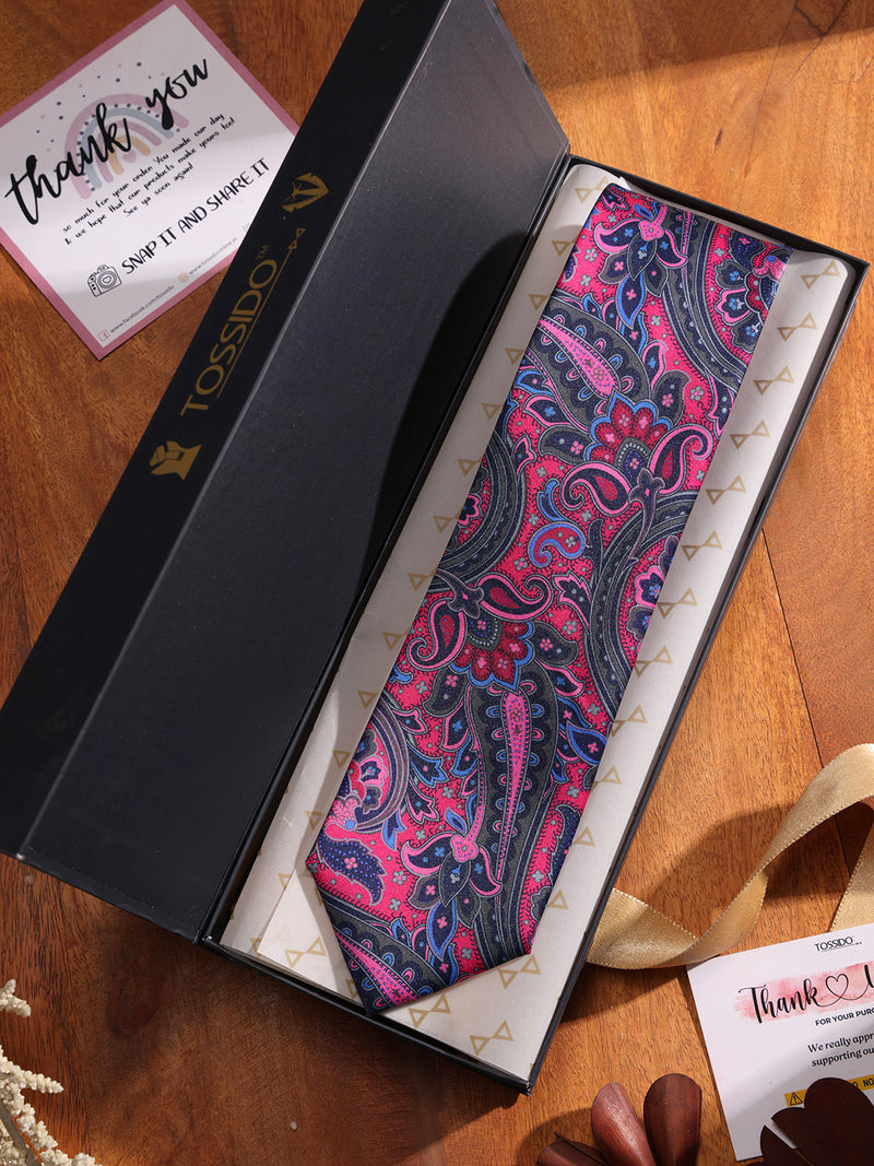 Grey & Pink Paisley Printed Necktie