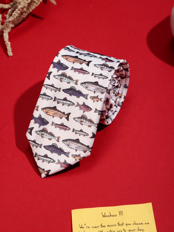 White Fish Printed Necktie