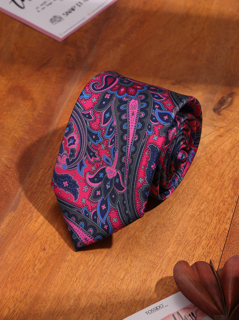 Grey & Pink Paisley Printed Necktie