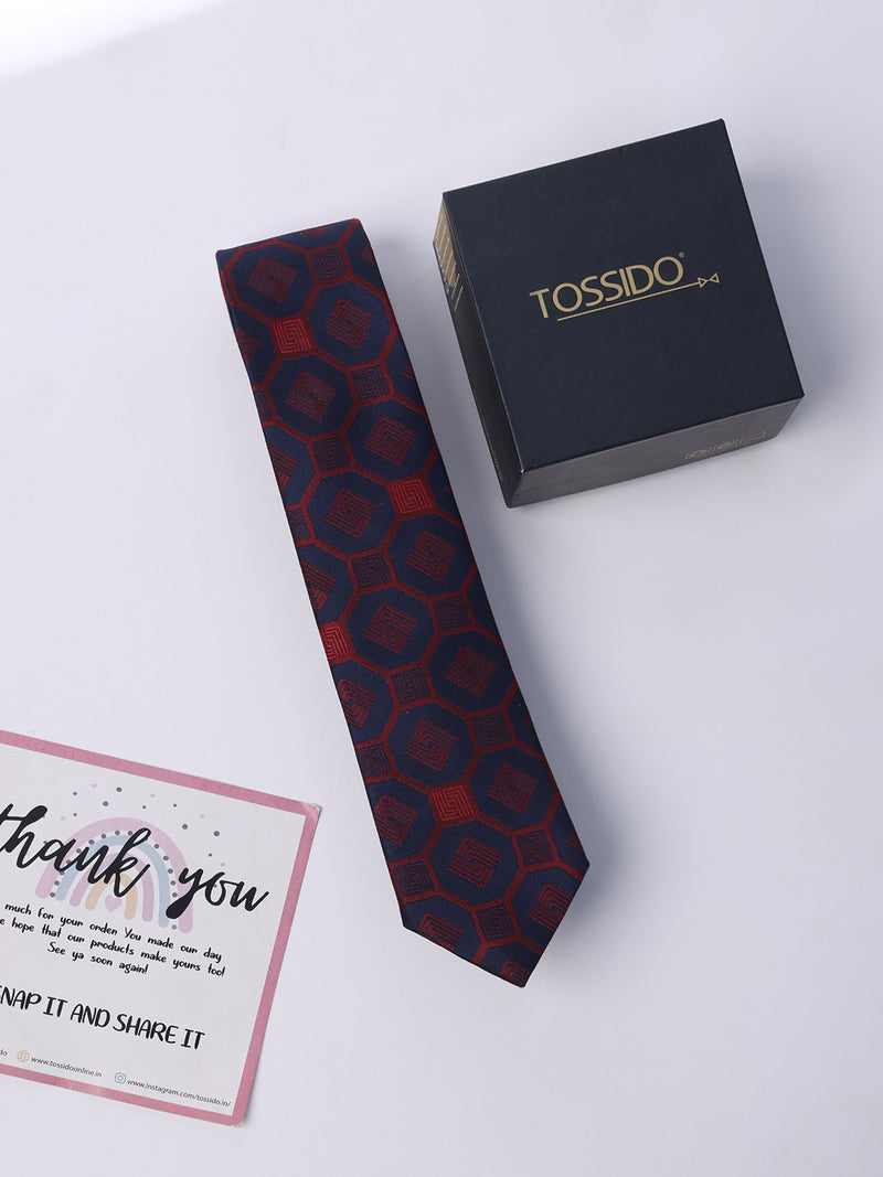 Blue & Maroon Geometric Skinny Necktie