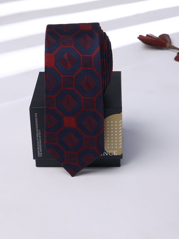 Blue & Maroon Geometric Skinny Necktie
