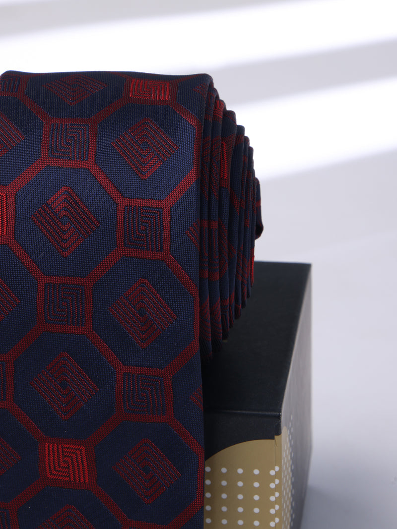 Blue & Maroon Geometric Skinny Necktie