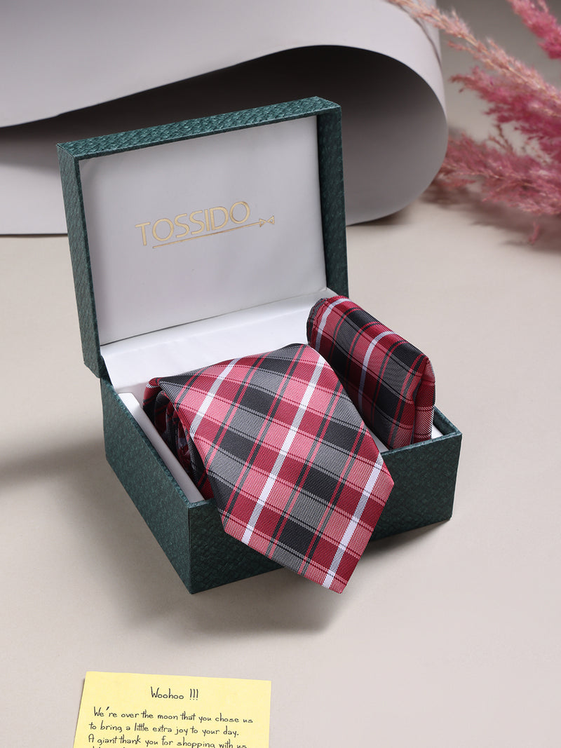 Maroon Check Necktie & Pocket Square Giftset