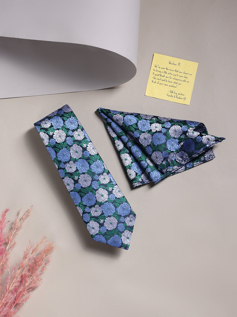 Blue Floral Necktie & Pocket Square Giftset