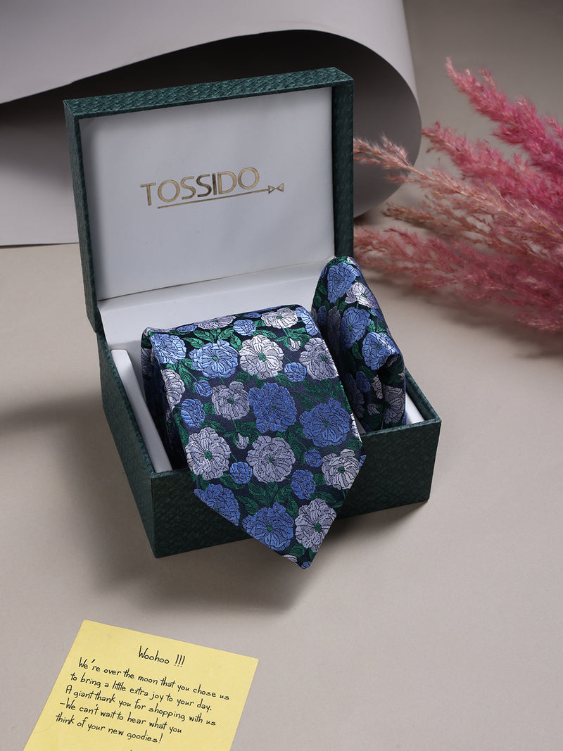 Blue Floral Necktie & Pocket Square Giftset