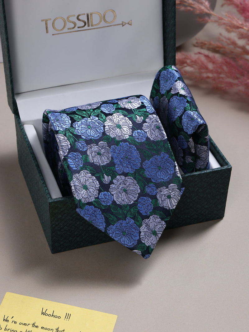 Blue Floral Necktie & Pocket Square Giftset