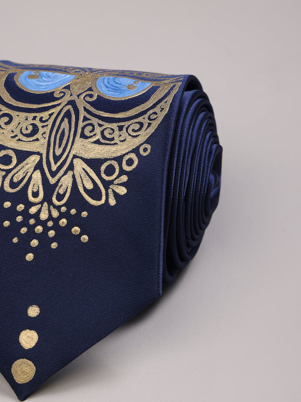 Navy Blue Hand-Painted Woven Necktie – Golden Owl