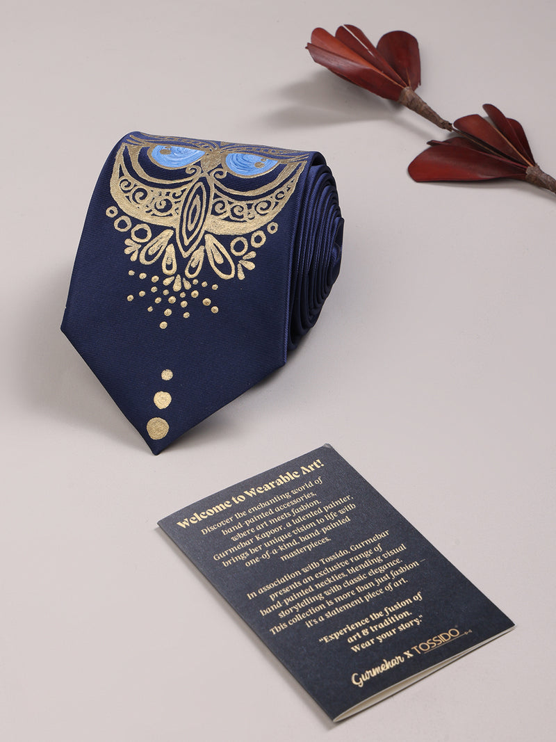 Navy Blue Hand-Painted Woven Necktie – Golden Owl