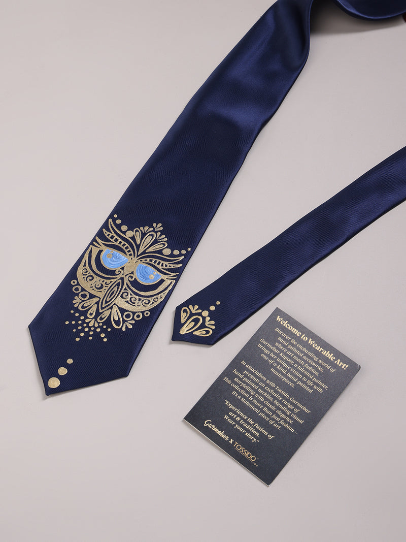 Navy Blue Hand-Painted Woven Necktie – Golden Owl