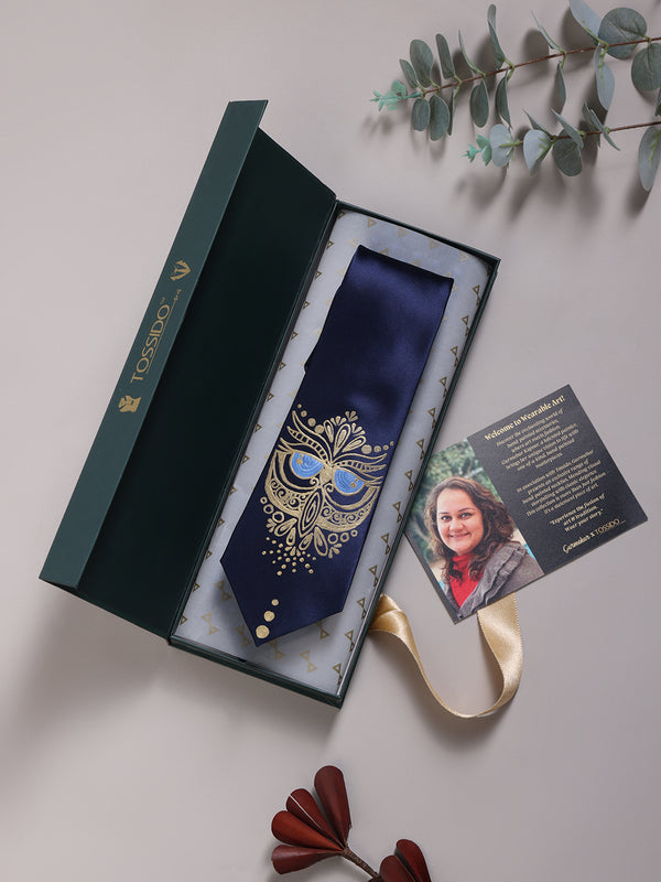 Navy Blue Hand-Painted Woven Necktie – Golden Owl