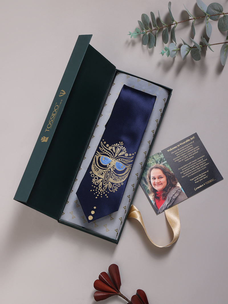 Navy Blue Hand-Painted Woven Necktie – Golden Owl