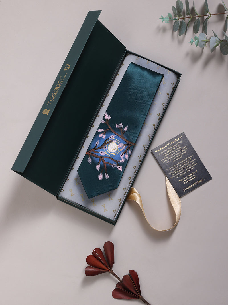 Teal Hand-Painted Woven Necktie – Moonlit Blossoms