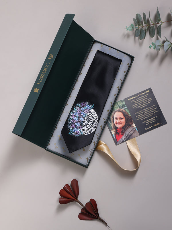 Black Hand-Painted Woven Necktie – Floral Mandala