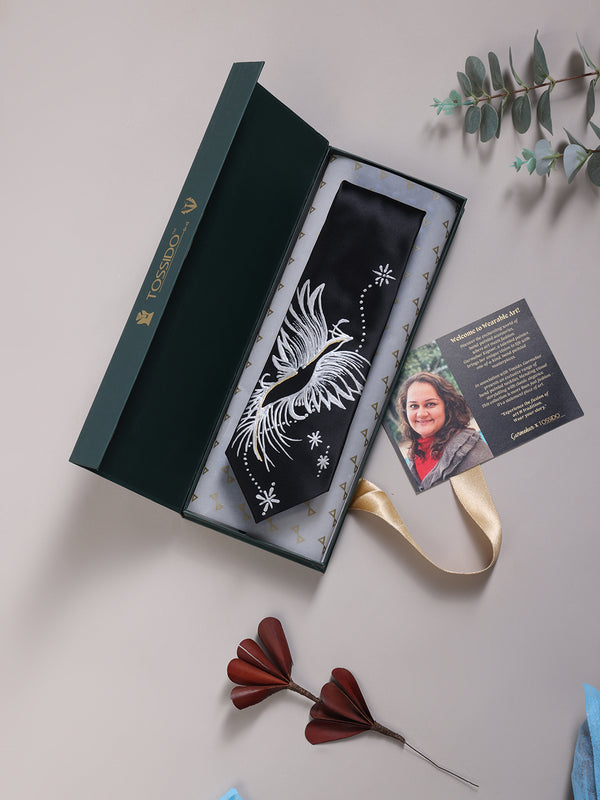 Black Hand-Painted Woven Necktie – Celestial Phoenix