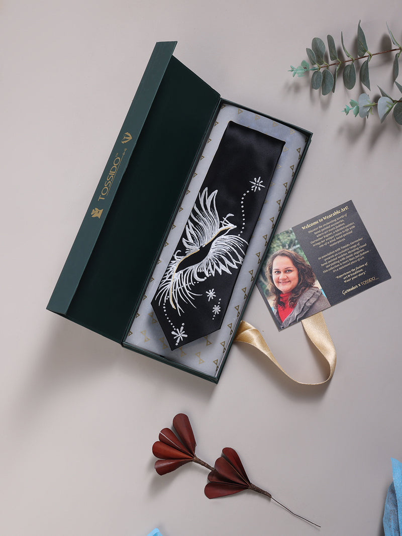 Black Hand-Painted Woven Necktie – Celestial Phoenix