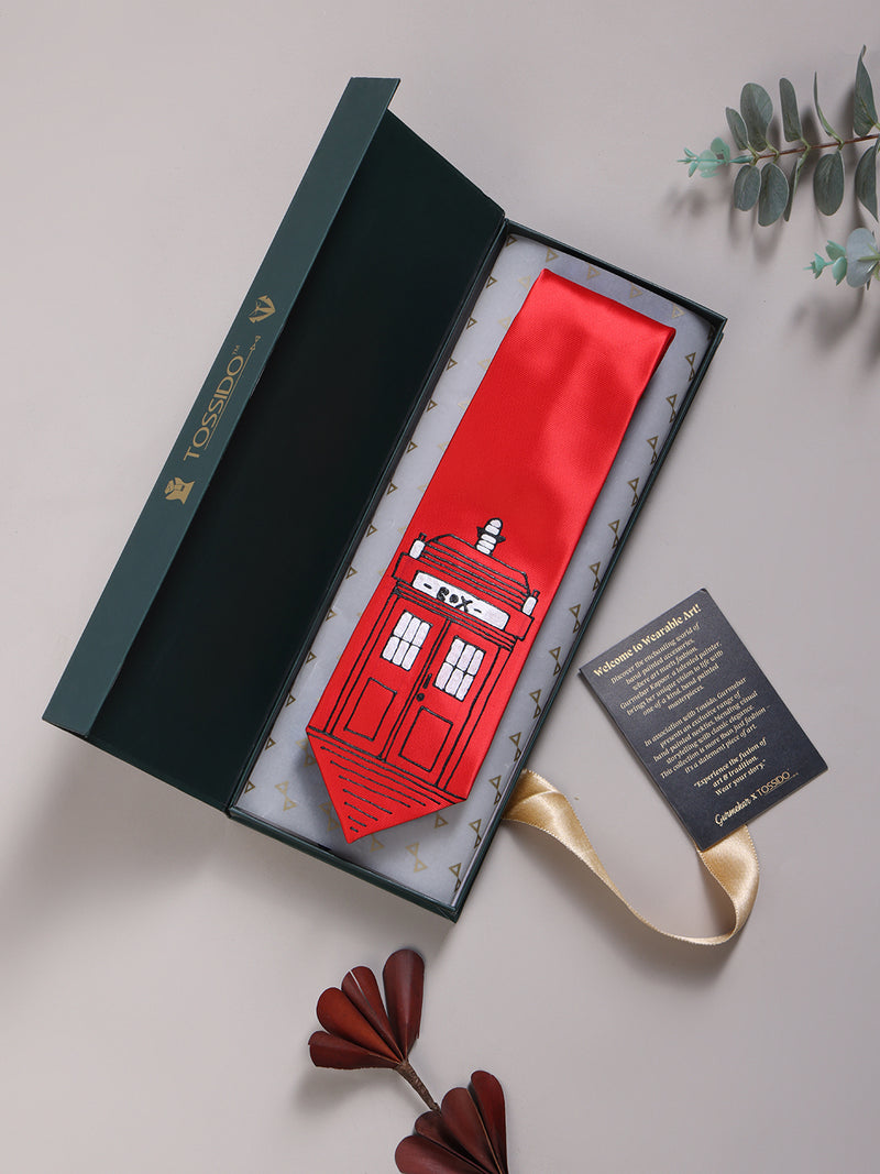 Red Hand-Painted Woven Necktie – London K2 Telephone Booth