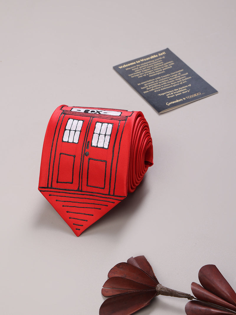 Red Hand-Painted Woven Necktie – London K2 Telephone Booth