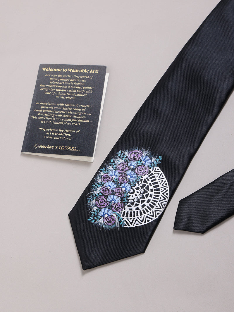 Black Hand-Painted Woven Necktie – Floral Mandala