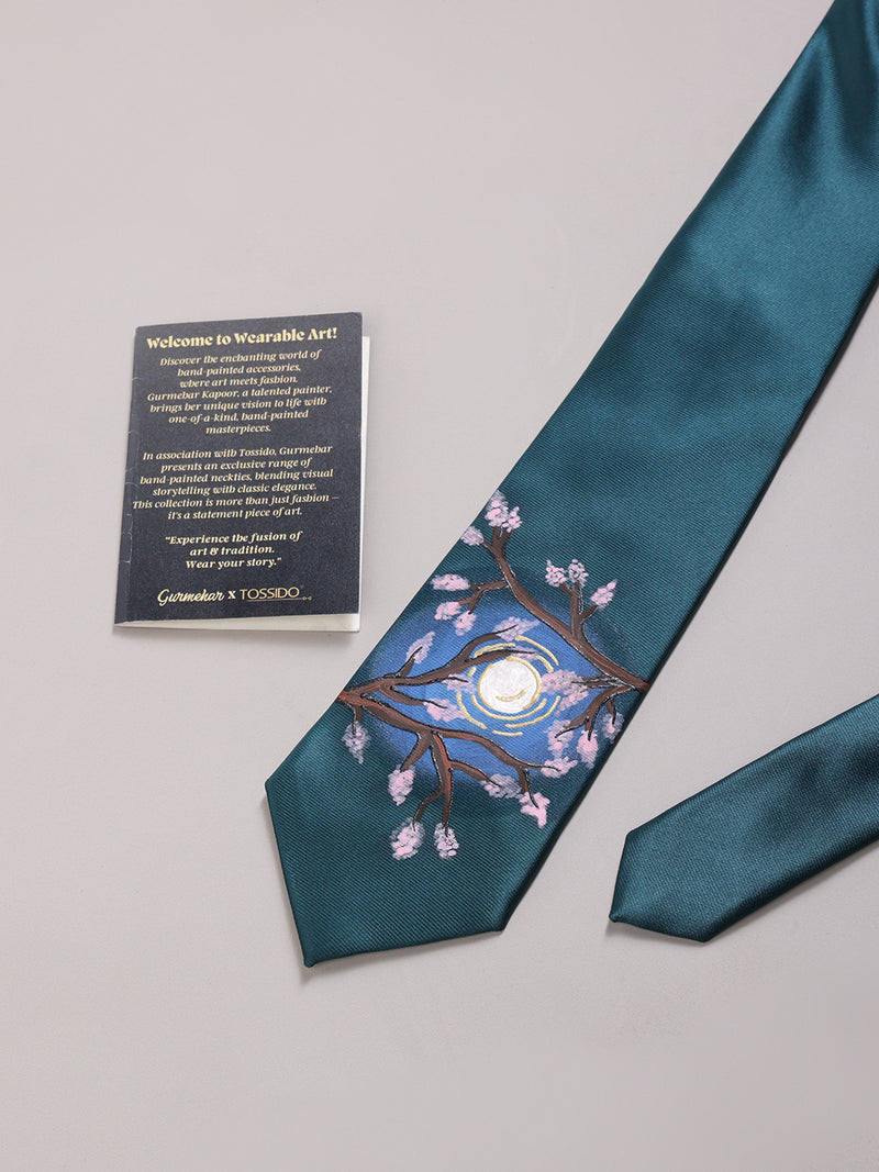 Teal Hand-Painted Woven Necktie – Moonlit Blossoms