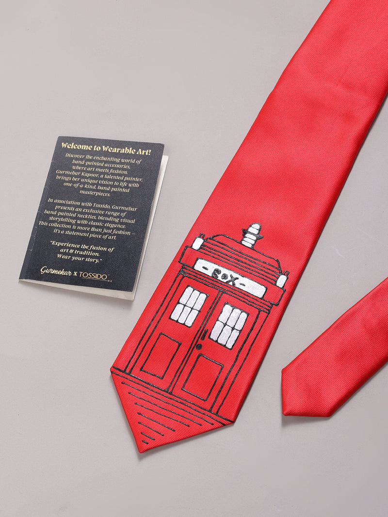 Red Hand-Painted Woven Necktie – London K2 Telephone Booth