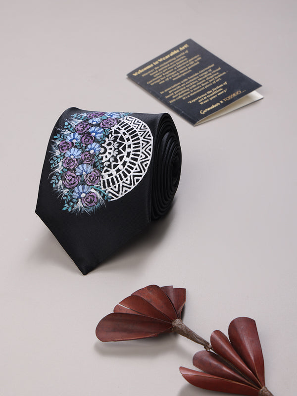 Black Hand-Painted Woven Necktie – Floral Mandala