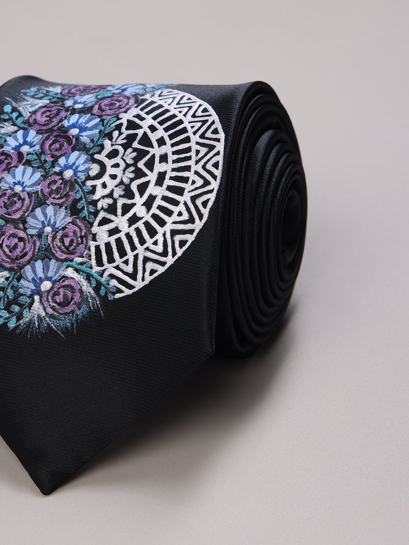 Black Hand-Painted Woven Necktie – Floral Mandala