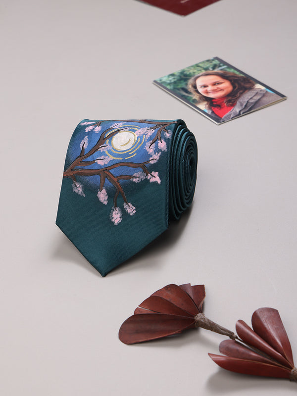 Teal Hand-Painted Woven Necktie – Moonlit Blossoms